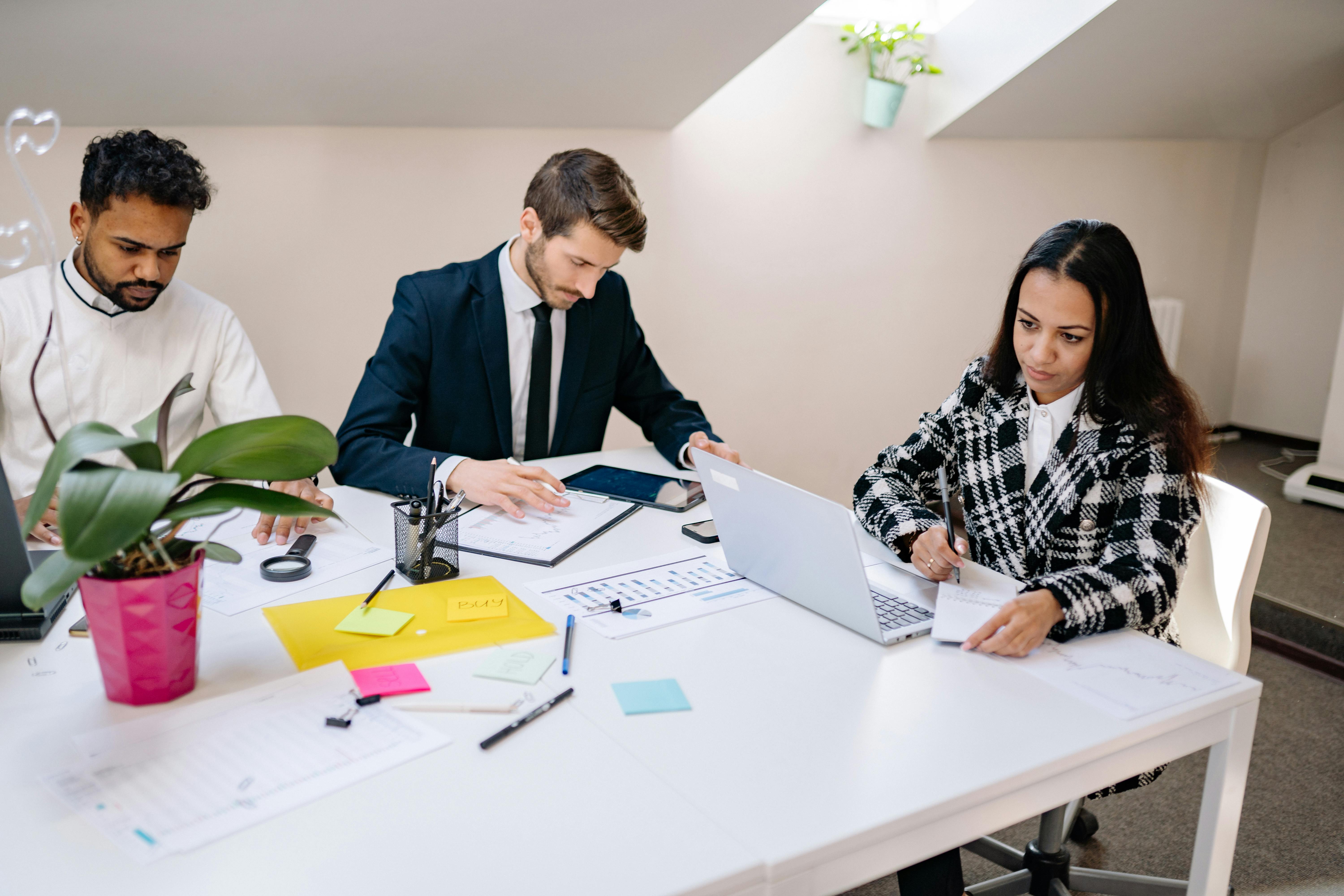Fast-moving office collaboration scene with marketing team.